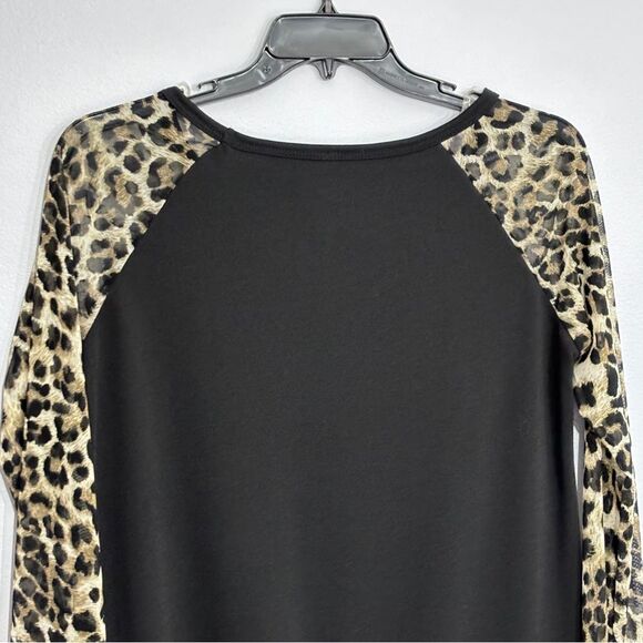 Vanilla Bay | Women’s Black Long Sleeve Crewneck Leopard Print Blouse Top - Picture 7 of 13